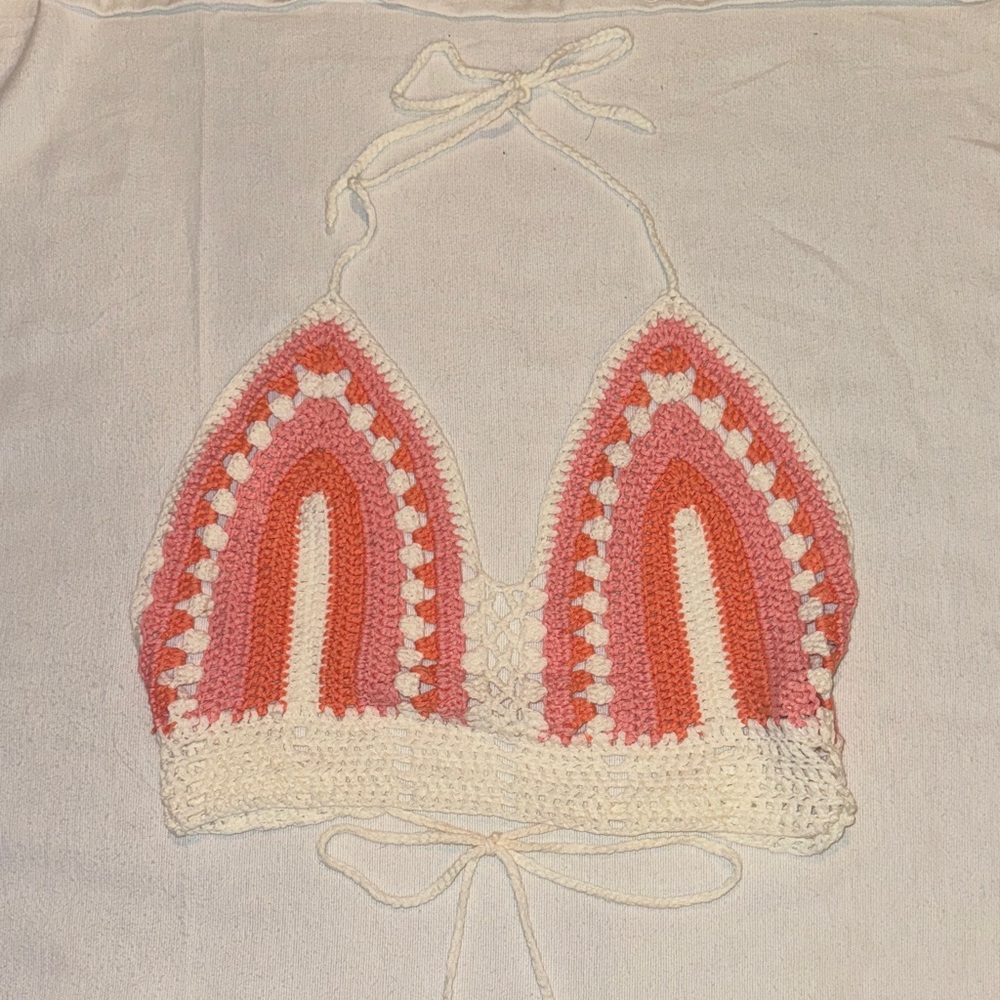Crochet Halter Top in Pink and Cream